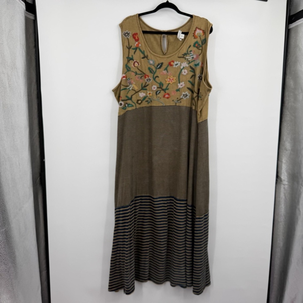 Coldwater Creek Dress Womens 3X Gold Blue Embroidered Floral Maxi Cottage